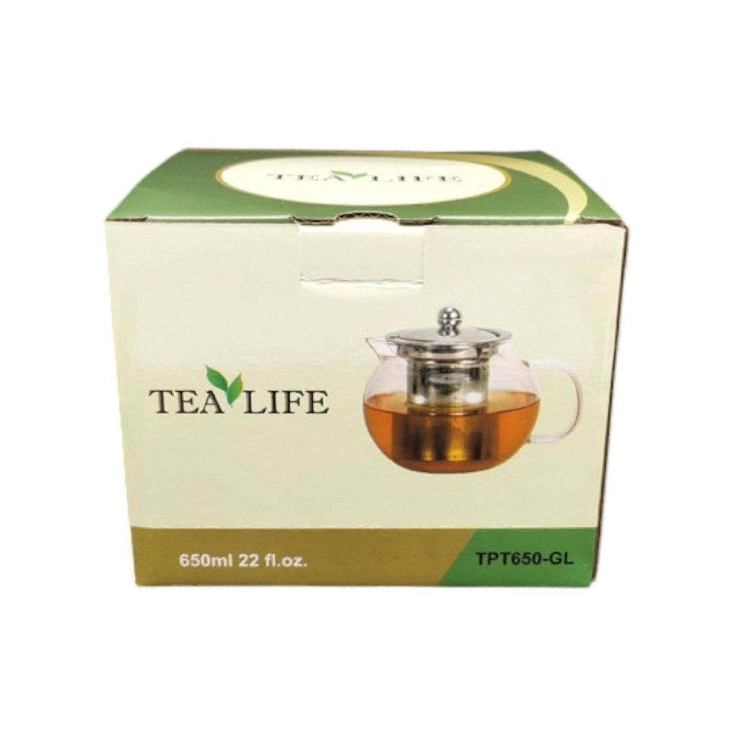 Tea Life glass teapot with a green box on a white background