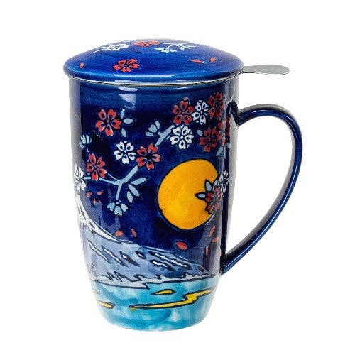 Decorative mug with floral patterns and a moon on a white background
