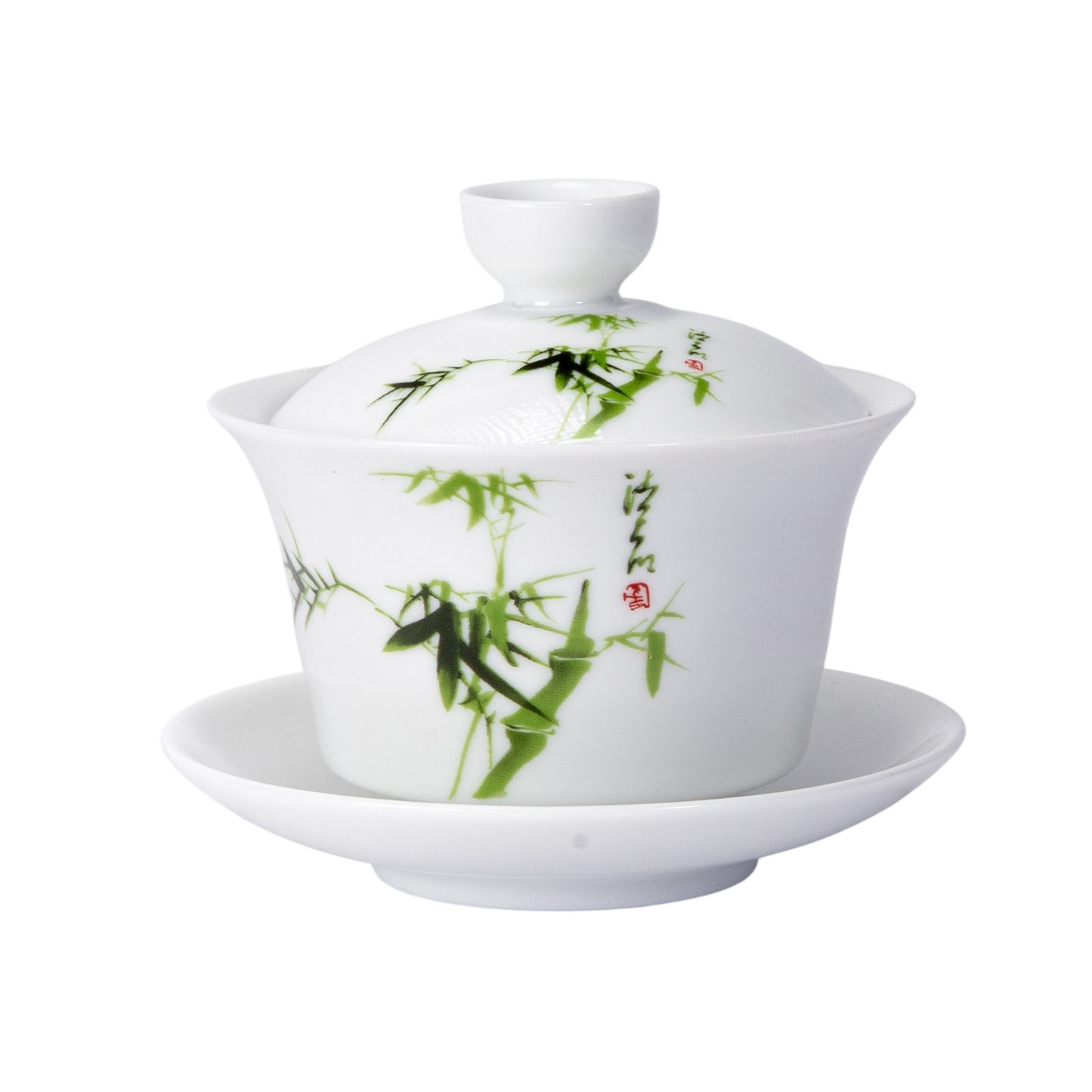 White ceramic teapot with green bamboo design on a white background