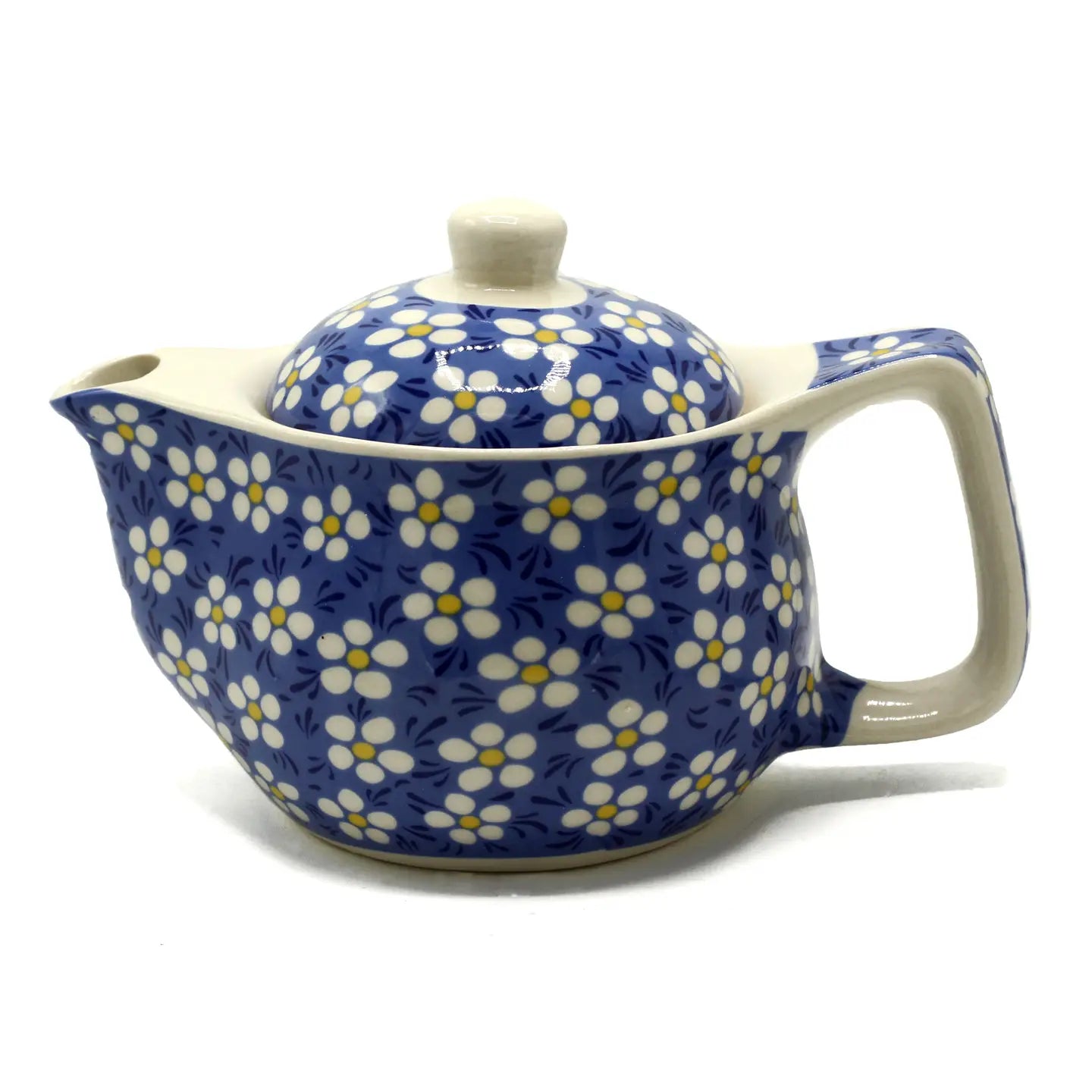 image of blue teapot with daisy design