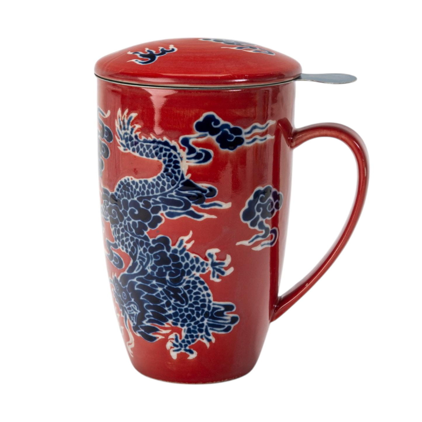 Red mug with blue dragon design on a white background