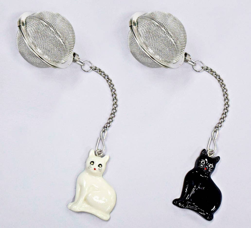 Tea infuser with mesh balls and cat-shaped ends on a white background
