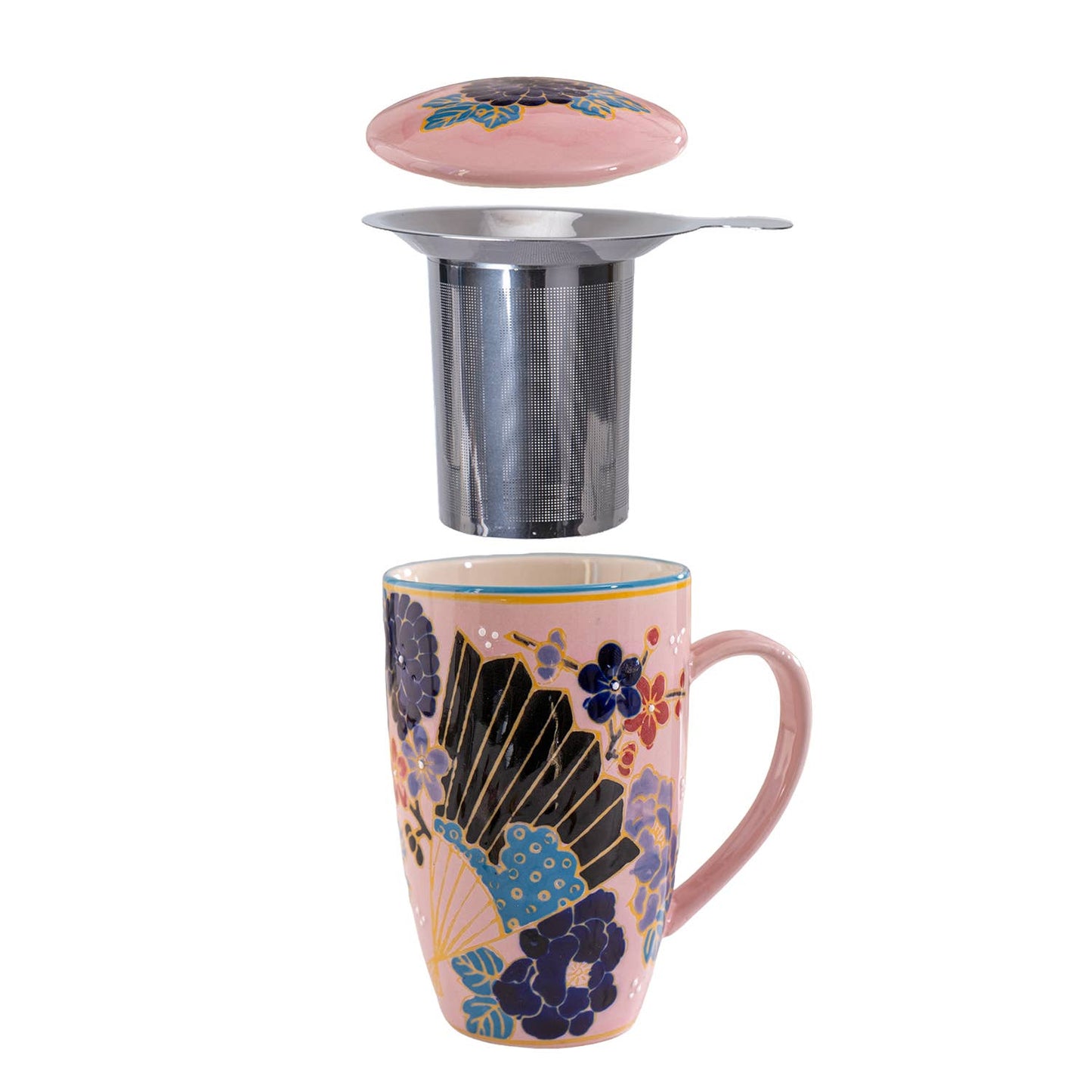 Decorative mug with floral pattern and detachable stainless steel infuser on a white background