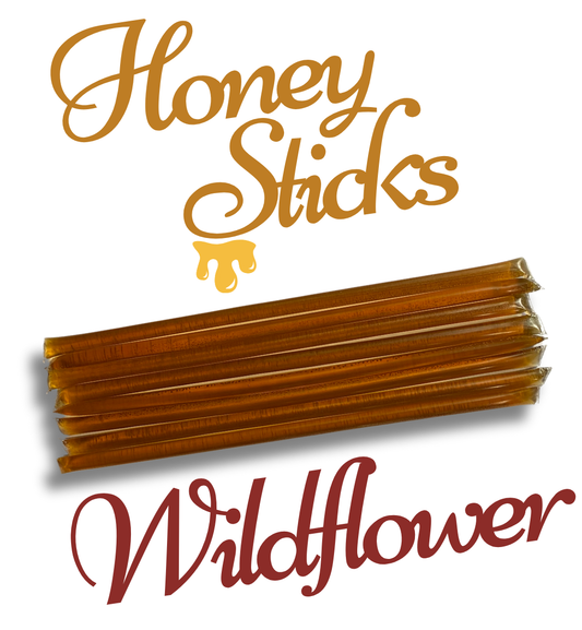 Honey sticks with 'Honey Sticks Wildflower' text on a white background
