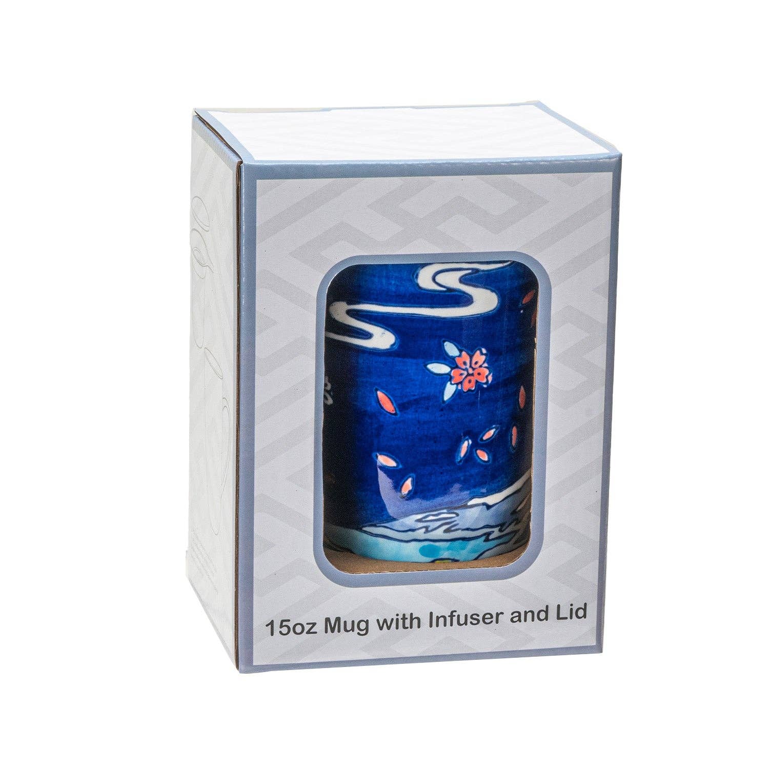 Blue mug with floral design in a box packaging on a white background