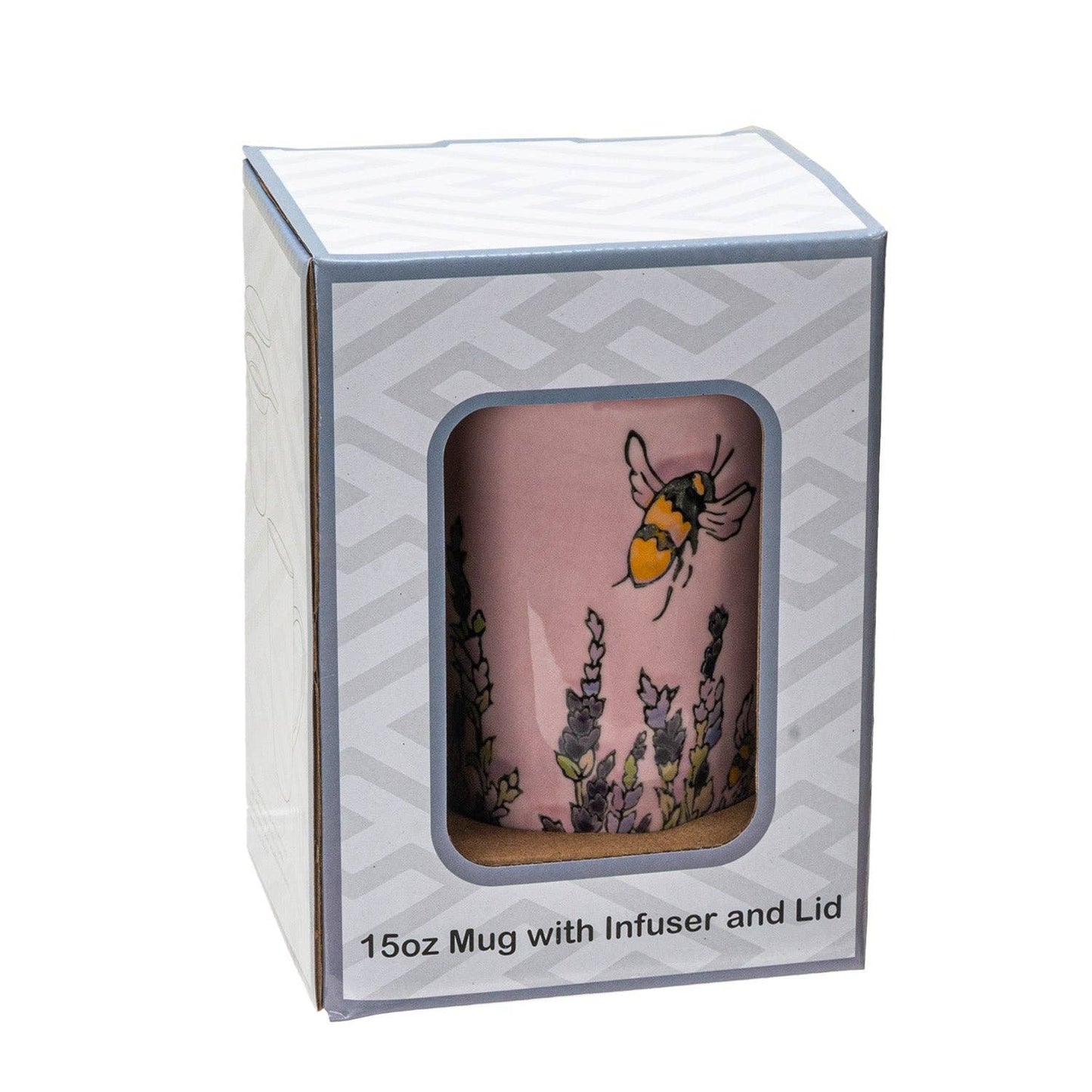 Pink mug with bee design in a decorative box on a white background
