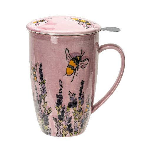 Pink mug with bee and floral design on a white background