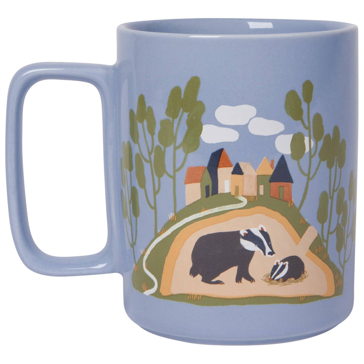 Blue mug with a scenic design featuring trees, houses, and animals on a white background
