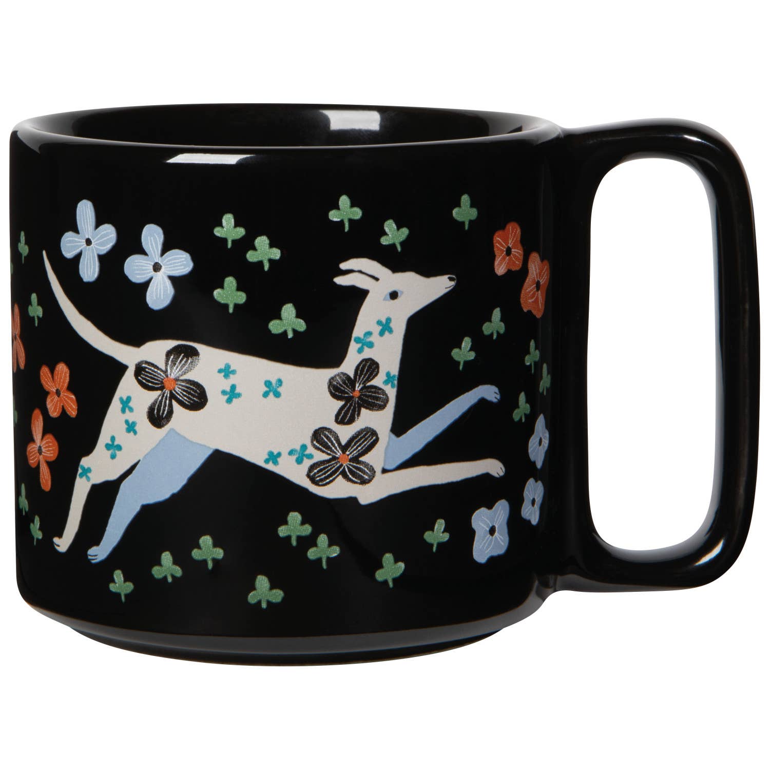 Black mug with a white dog and floral design on a white background