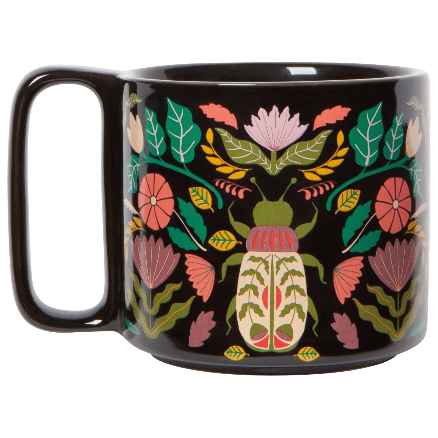 Black mug with colorful beetle and floral design on a white background